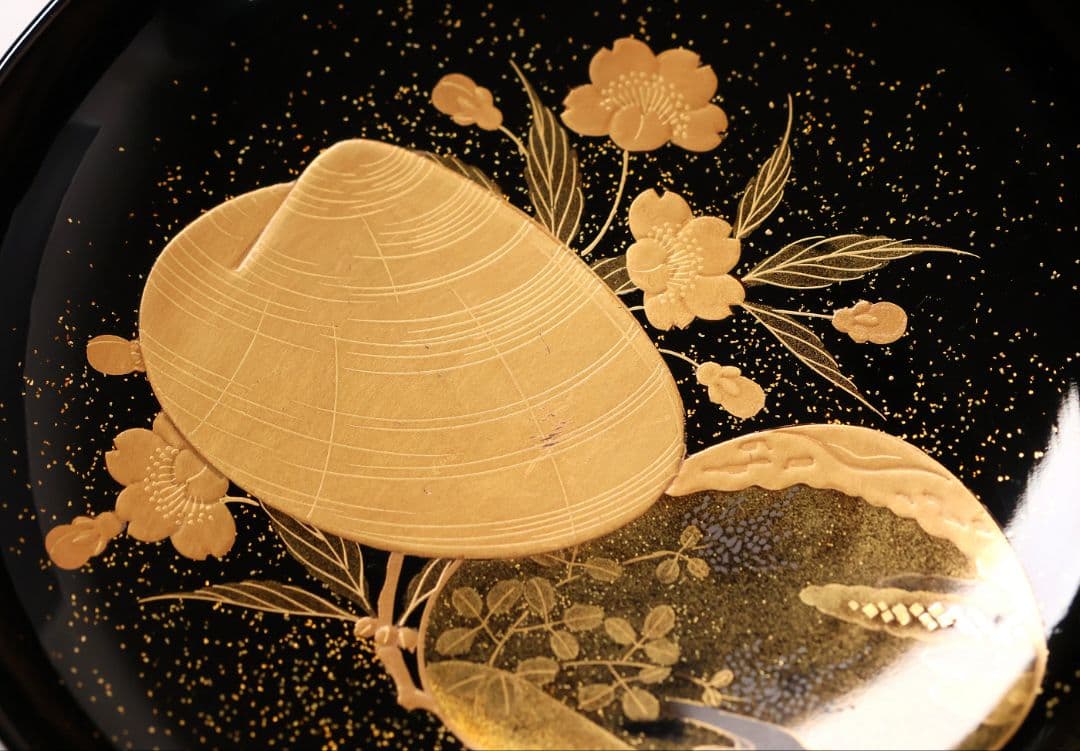 【CM446】加賀蒔絵 天然木漆塗 貝合わせ 蛤桜 金蒔絵 黒煮物椀 一客 昭和