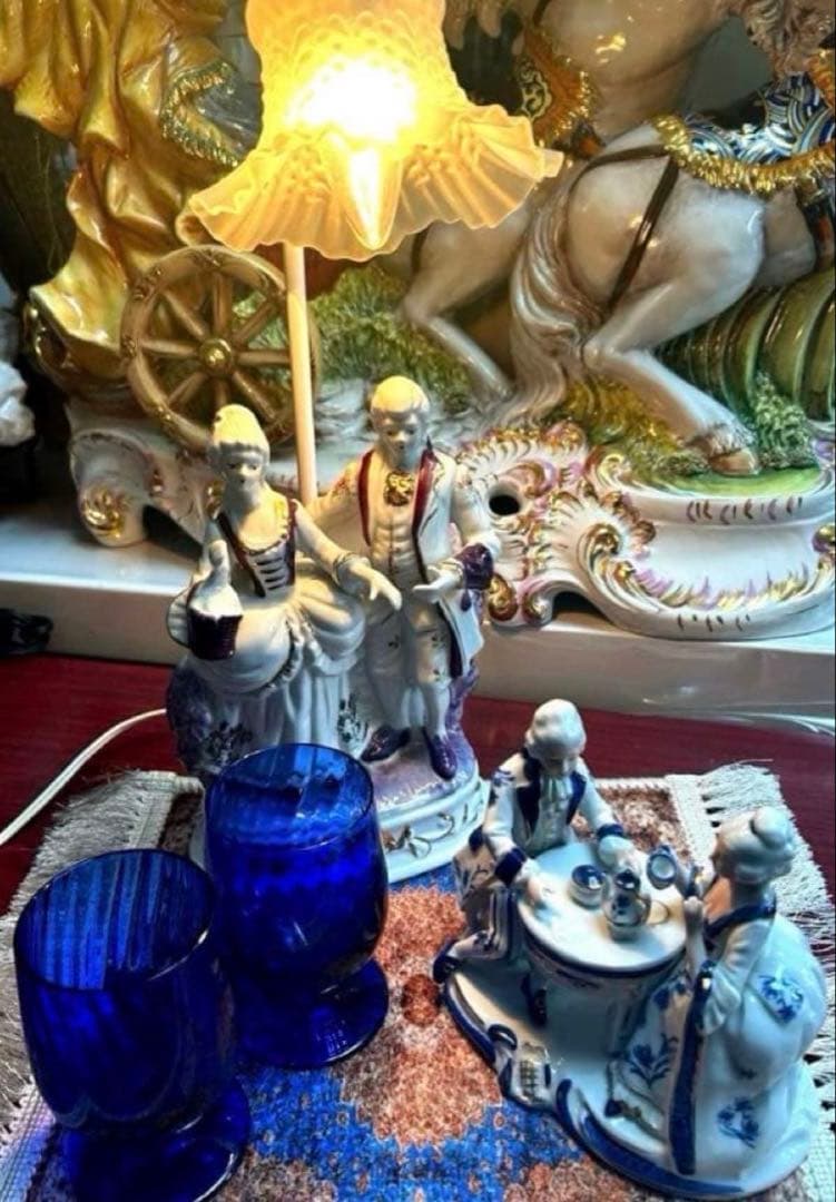 ⚜️19世紀風 陶器の人形カップル2セット(ライト付)＋北一硝子グラス2品⚜️