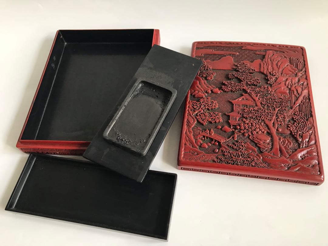 堆朱　山水人物図　硯箱　道具箱　文箱　伝統工芸品　彫刻漆器