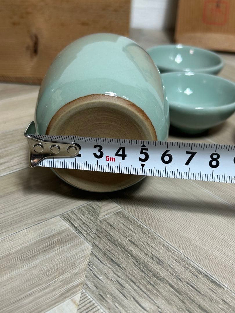 【名工】諏訪修 作　青磁 酒器揃（徳利2客・猪口5客）共箱・陶歴付