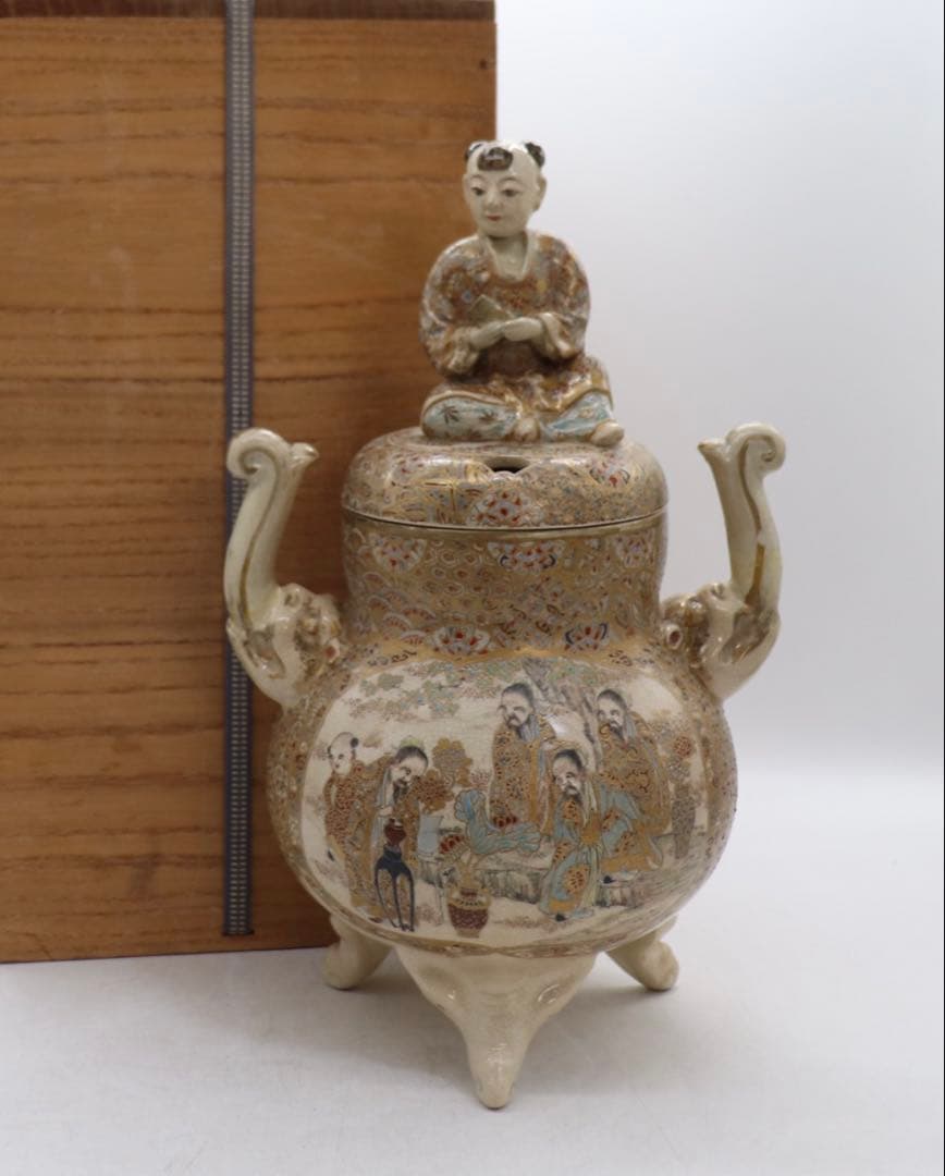 本薩摩　象耳香炉　唐子　高さ約30.2cm 古道具　木箱付　送料込み260301